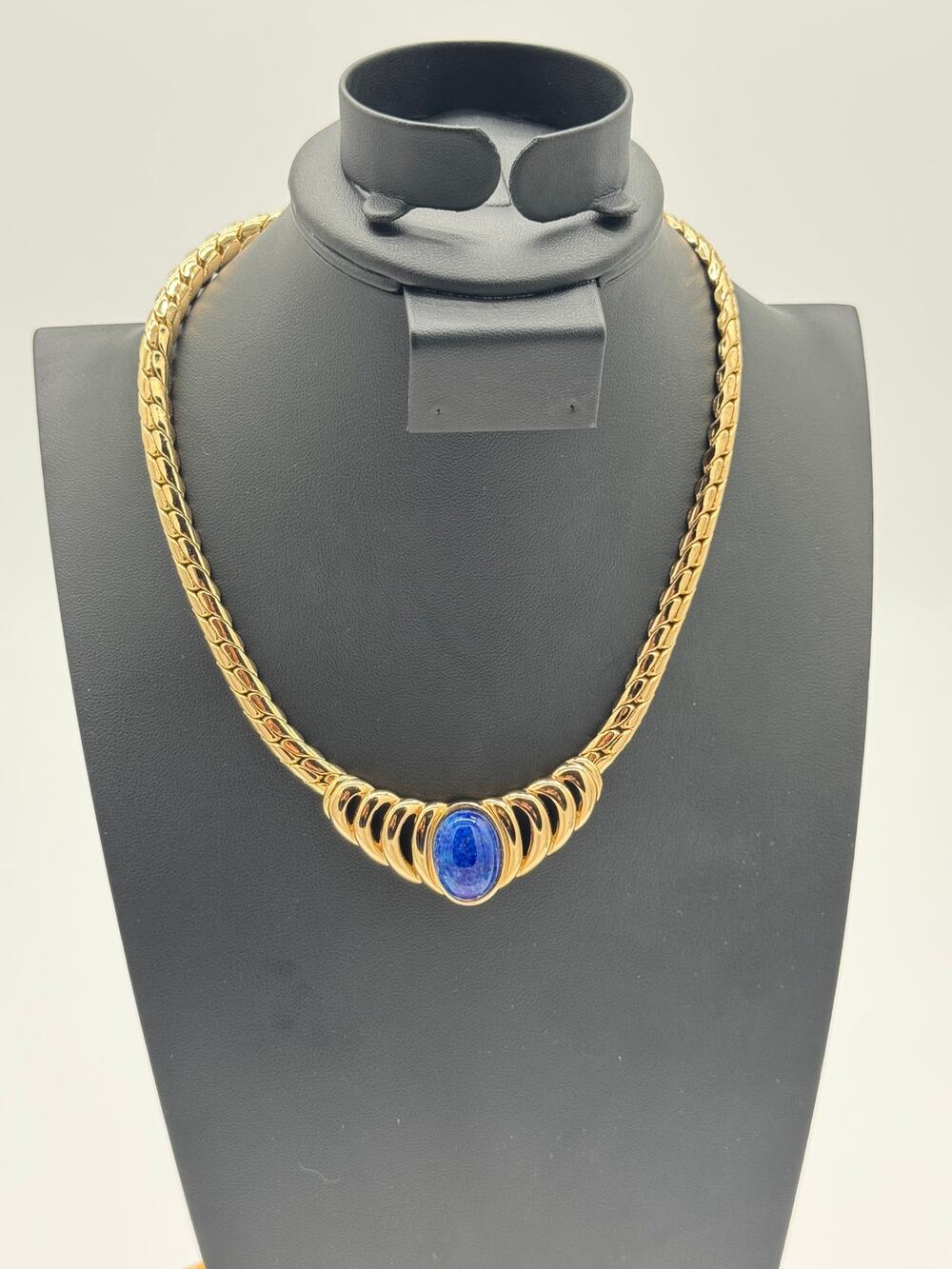 Vintage Christian Dior Gold Plated Blue Cabochon Collar Necklace 1980s